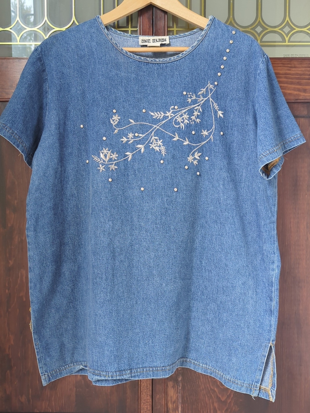 Daniel Benjamin | Embroidered Denim Short-Sleeve Top | Women's Size L 14/16